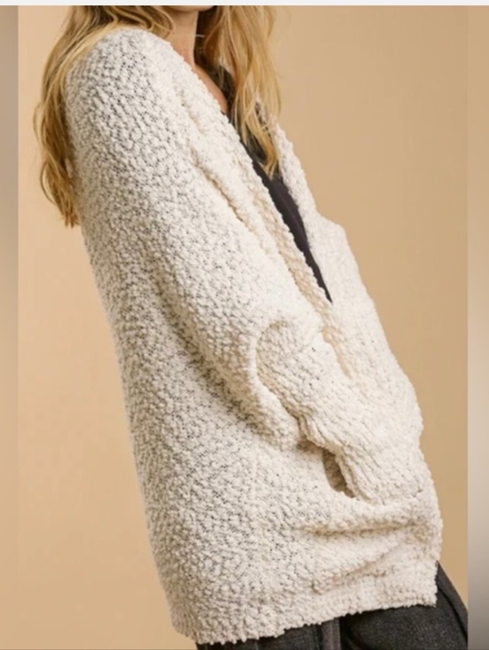 Umgee Cardigan Large Cream Popcorn Knit Oversized Open Boyfriend Dolman Sleeve - Picture 2 of 7